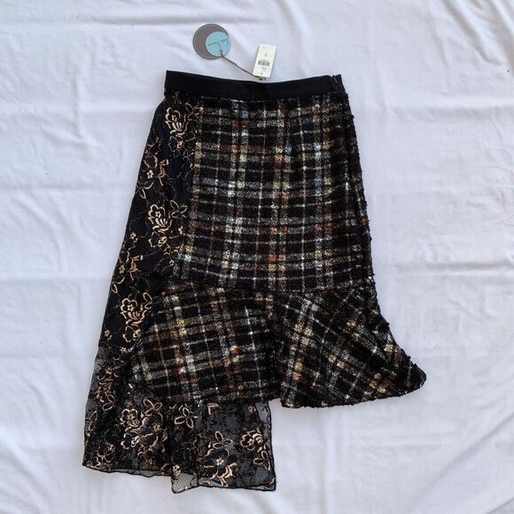 Eva Franco Asymmetrical Lace Metallic Tweed Skirt Black 0 XXS Fairycore Party - Picture 5 of 11